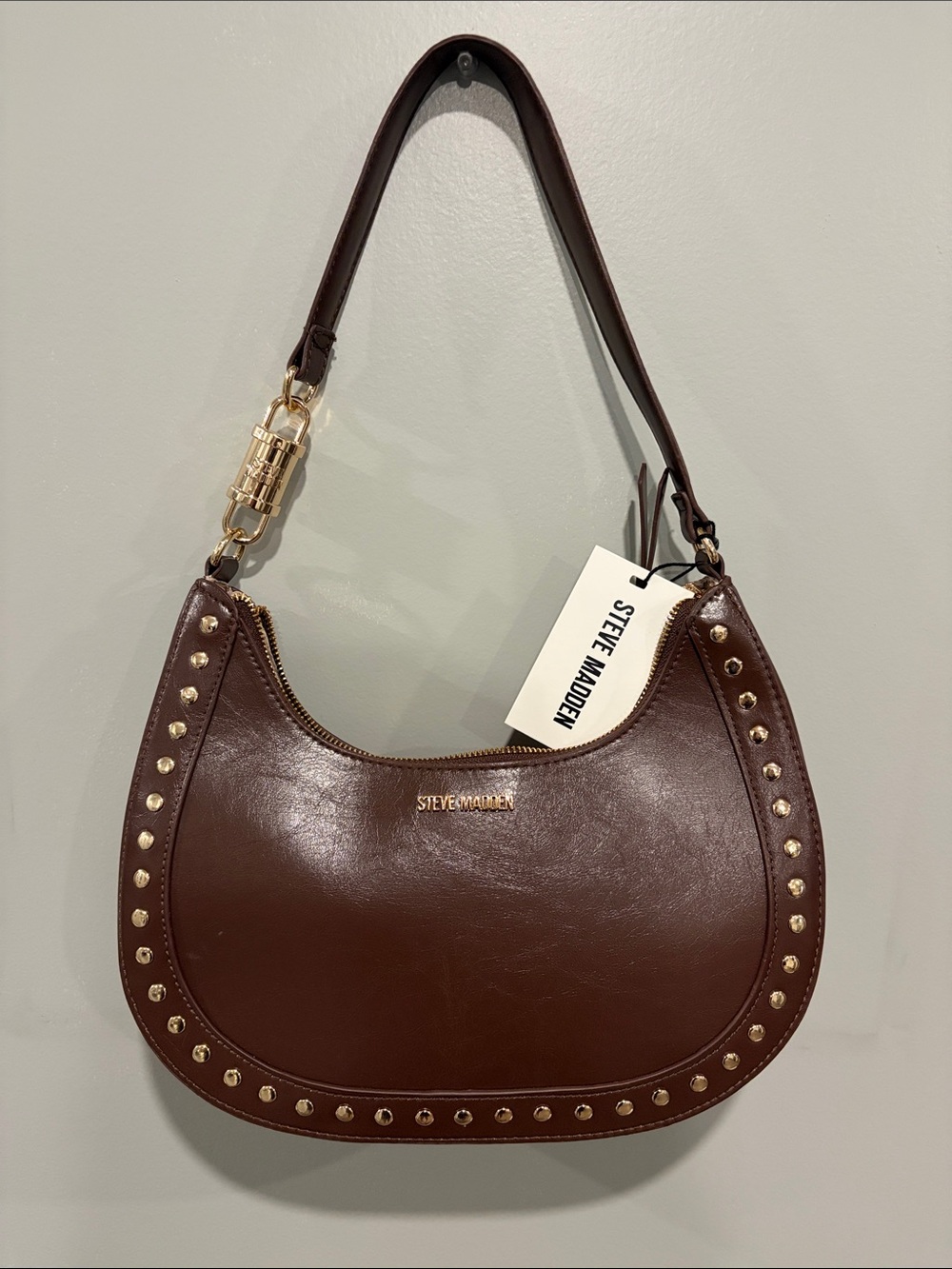 Steve Madden Dark Brown Leather Shoulder Bag with Gold Studs